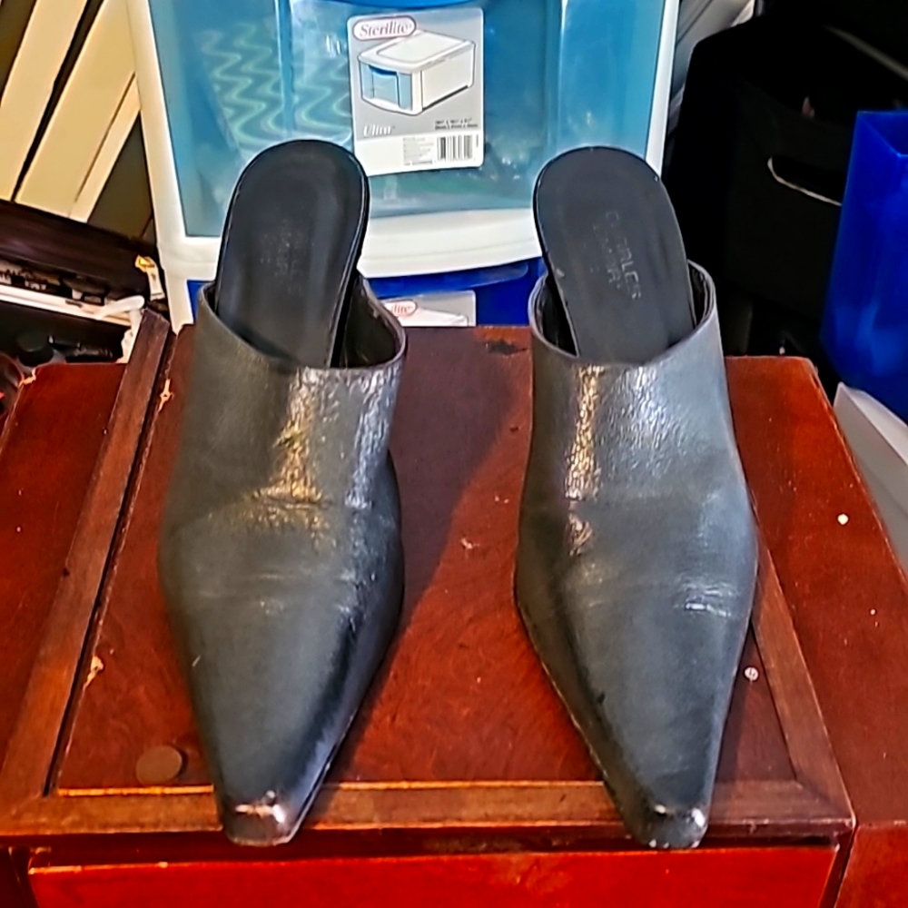Vero Cuoio Designer Mules, Sz 9.5 (40), Gray, Genuine Soft Leather, Italy, 3" He